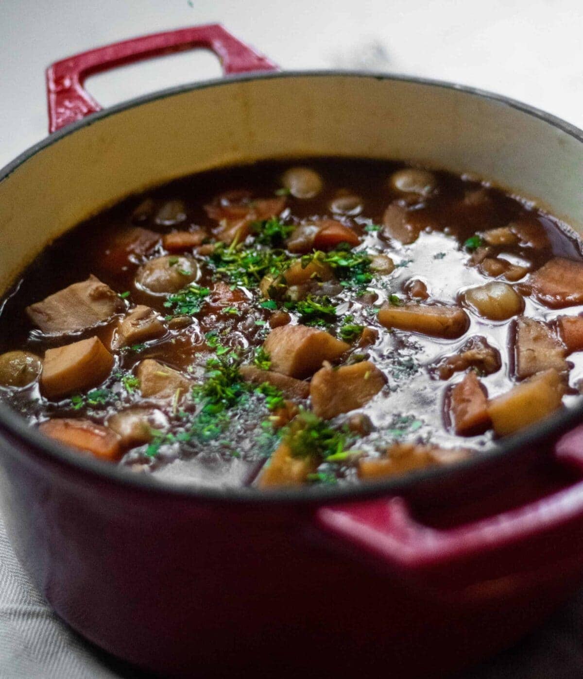 A red casserole dish full of stew.