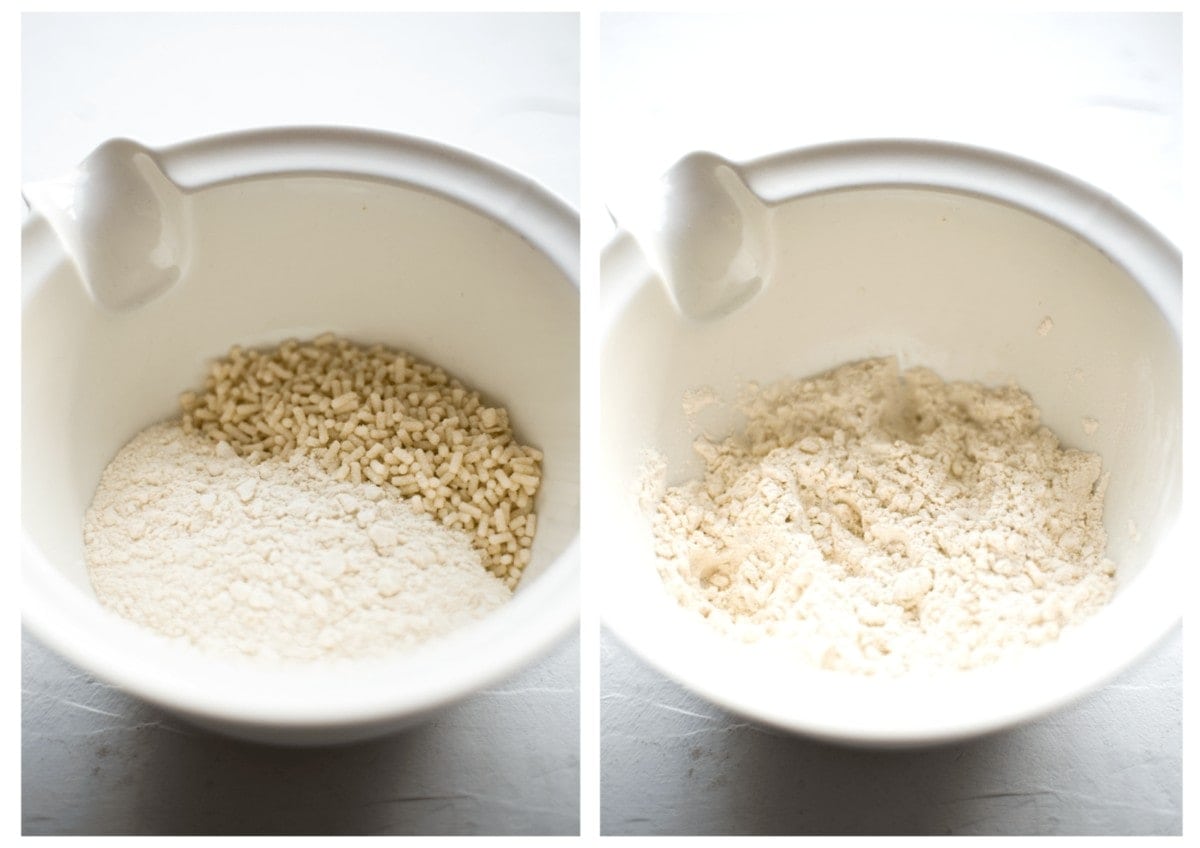 Side by side photos of bowl of dumpling ingredients. on the left, suet and flour in the bowl, unmixed. /on the right the two ingredients stirred together.