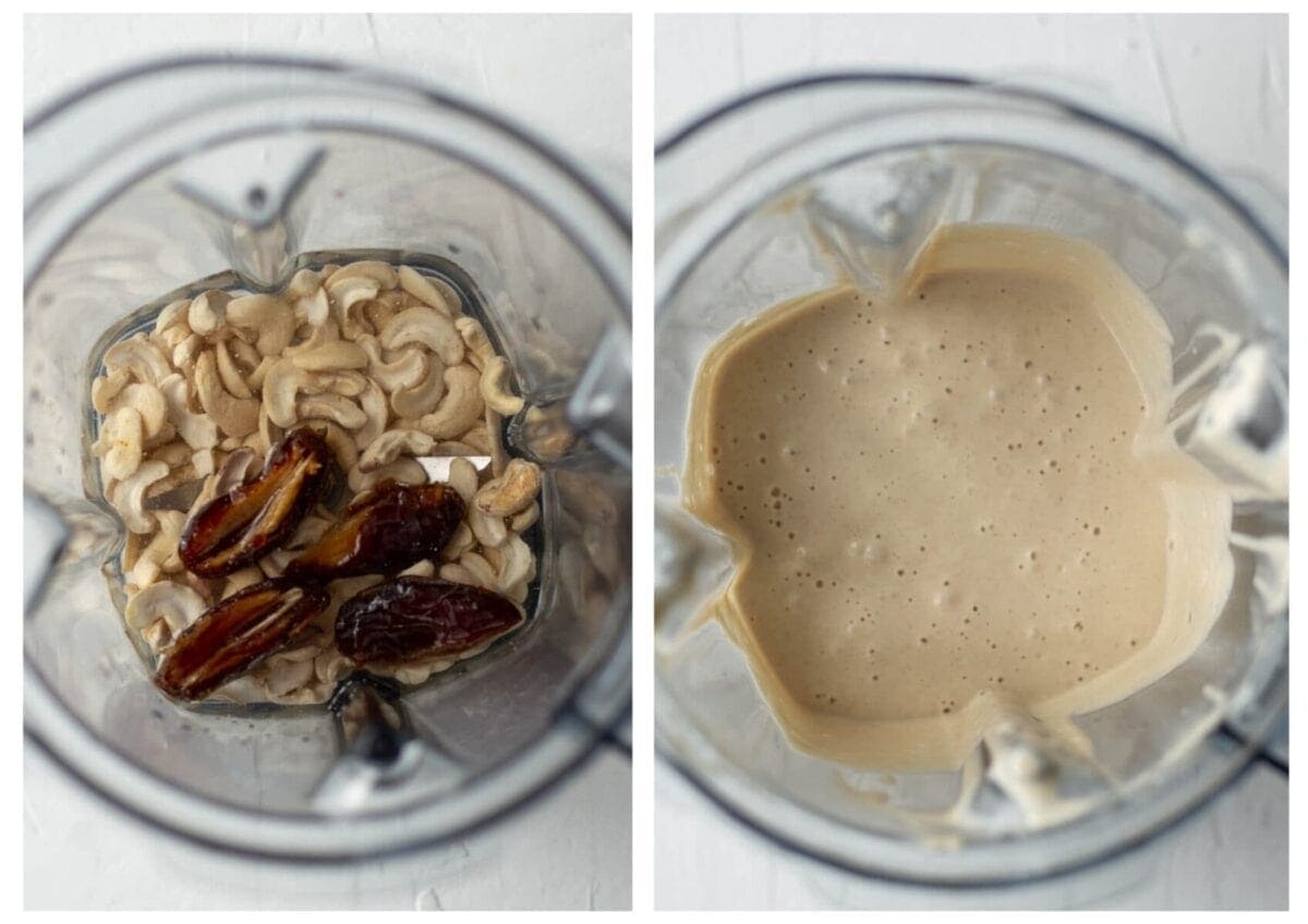 The blender jug with all of the cashew cream ingredients, before and after blending.