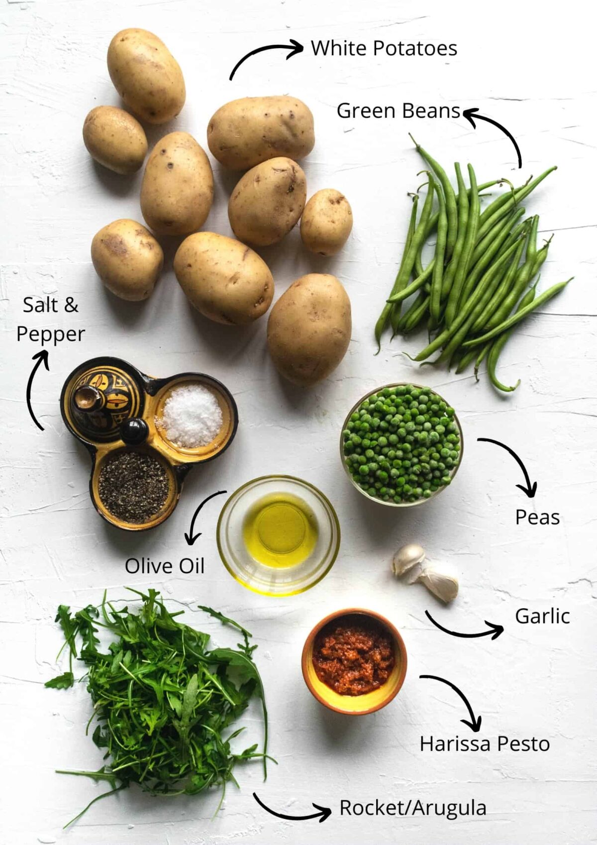 Overhead shot of the ingredients for harissa green beans and potatoes.
