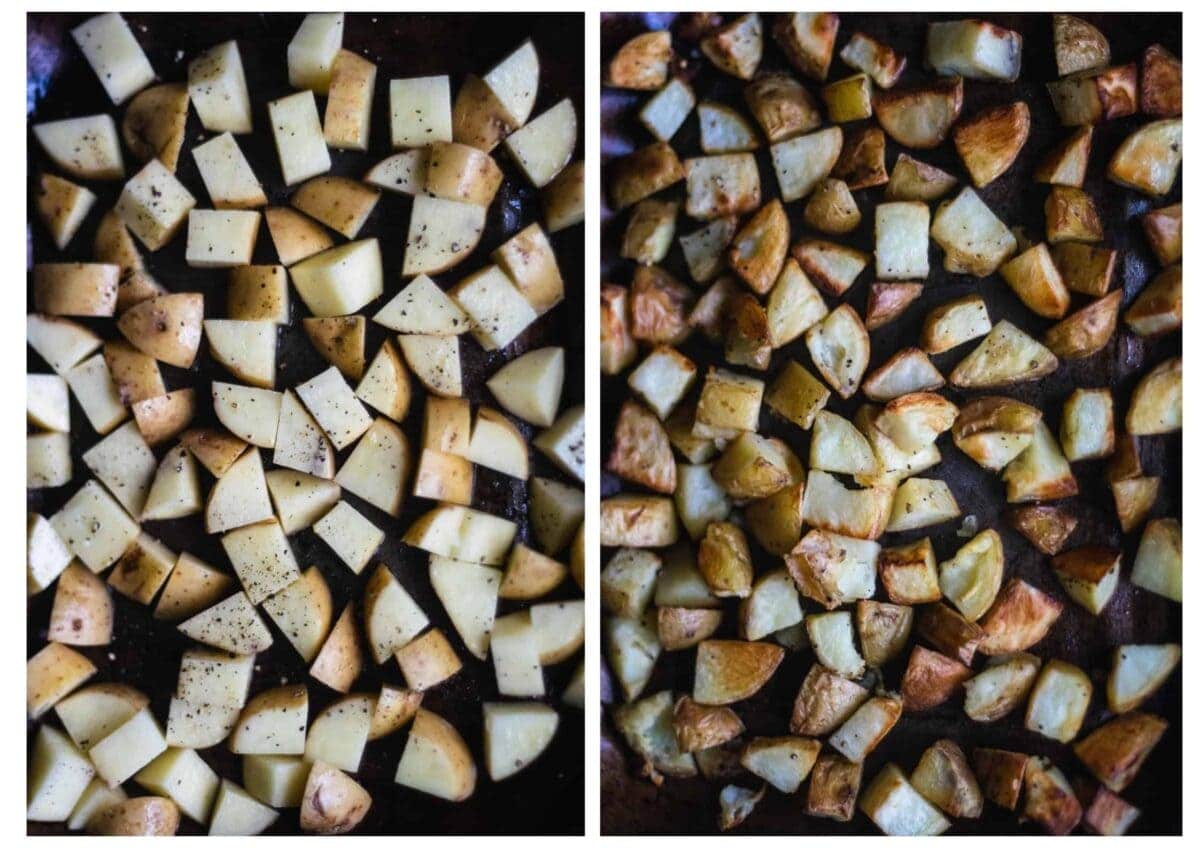 A photo of two trays of diced potato side by side, one before and after roasting.