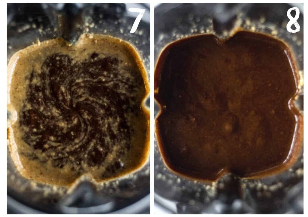 Two side by side pictures, taken from above, of the blender jug. On the left the jug full of nut butter with chocolate swirled through it. On the right the finished vegan nutella.
