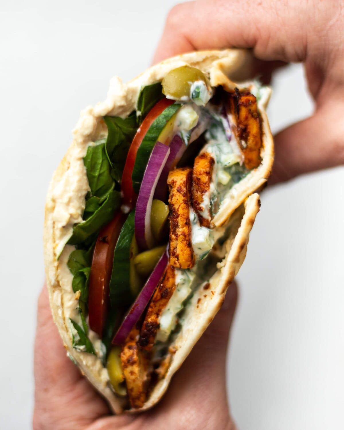Steve holding a pitta in both hands, loaded with marinated tofu, salad, hummus and tzatziki.