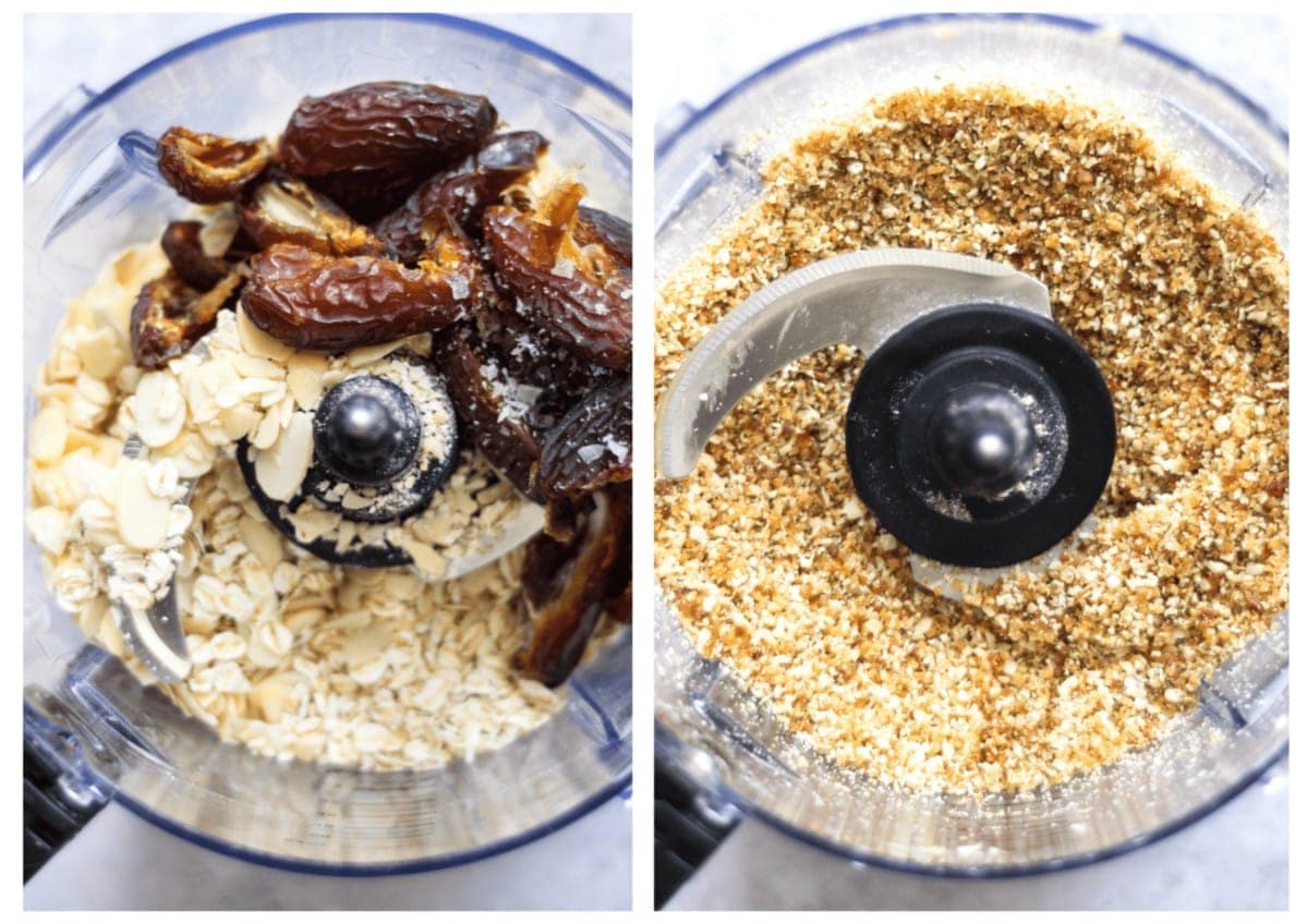 Side by side photos of the cheesecake base ingredients in the food processor and after blitzing.