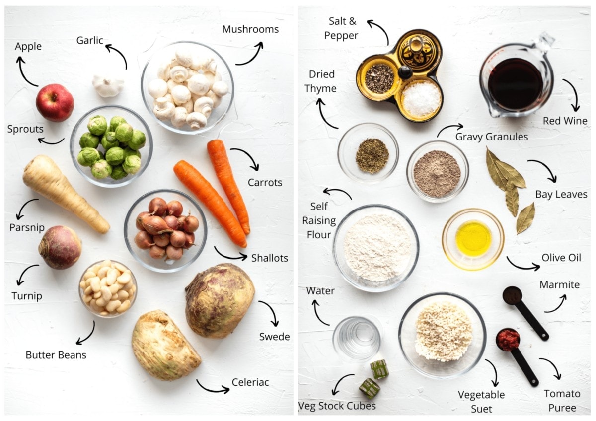 Overhead photos of the fresh and cupboard ingredients for the vegan stew and dumplings, side by side.