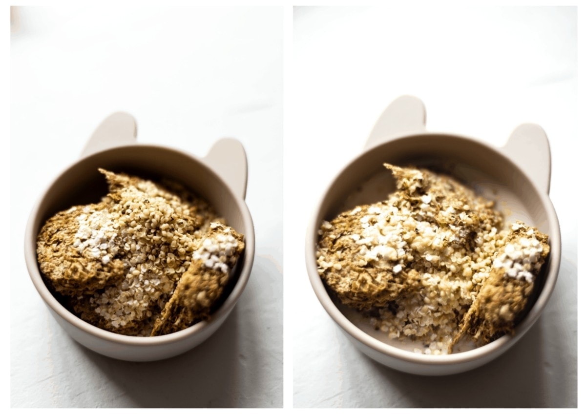 Side by side pictures of a childs bowl with the weetabix and other ingredients in it.