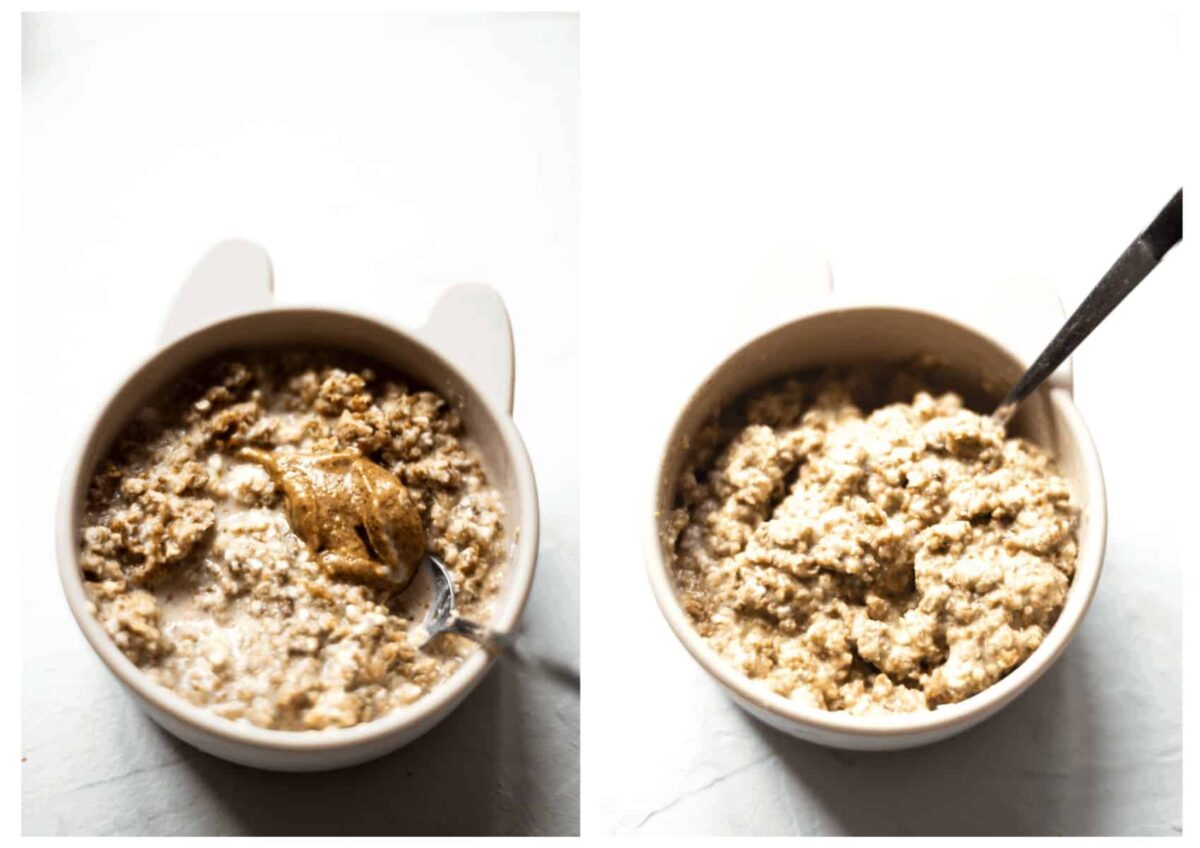Side by side pictures of a childs bowl with weetabix and the other ingredients in, during mixing.
