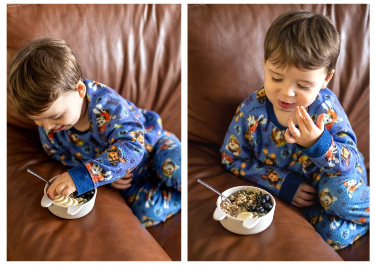 Our toddler enjoying a bowl of the weetabix medley.