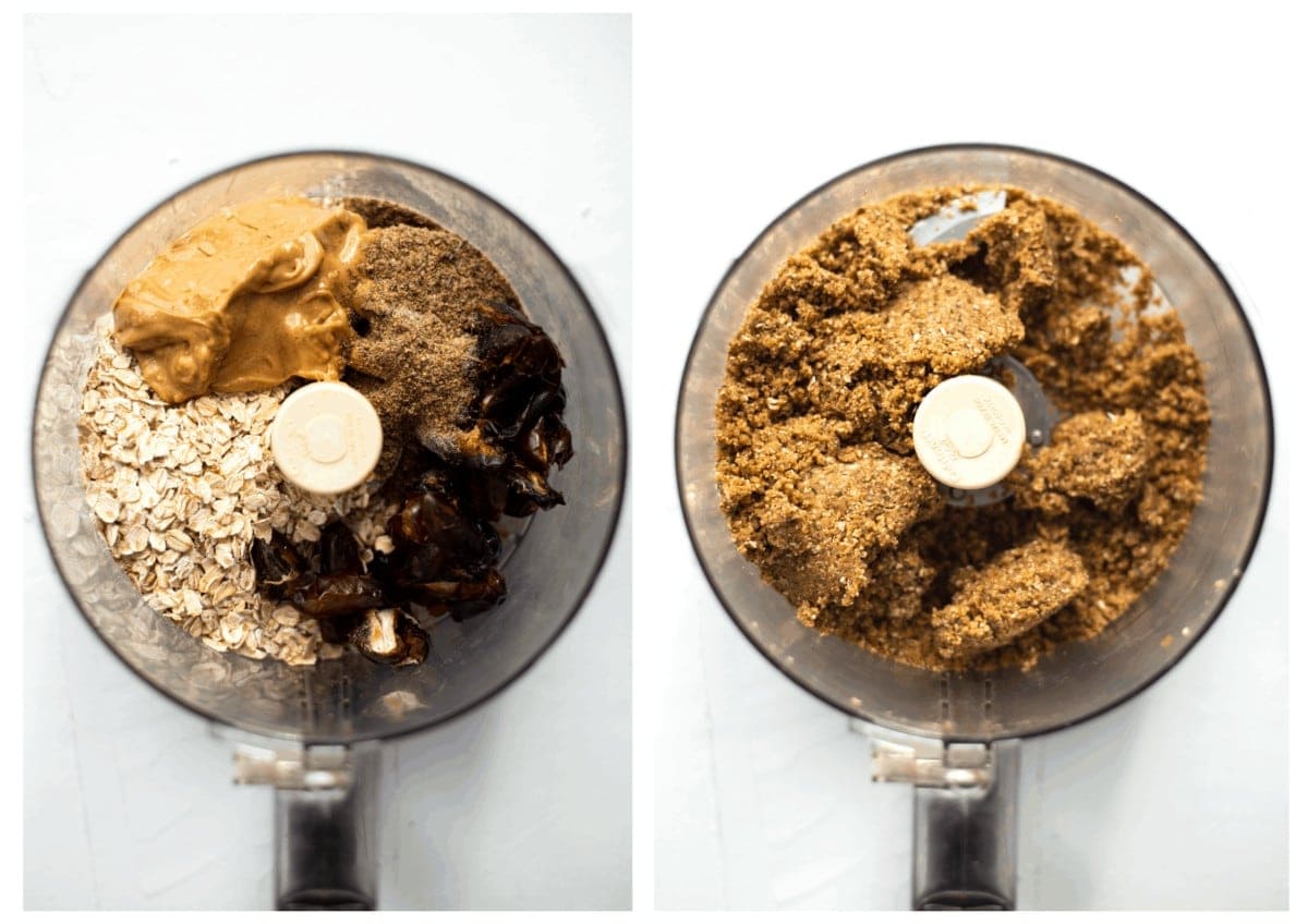Overhead view of raw vegan cookie ingredients before and after mixing in a food processor.