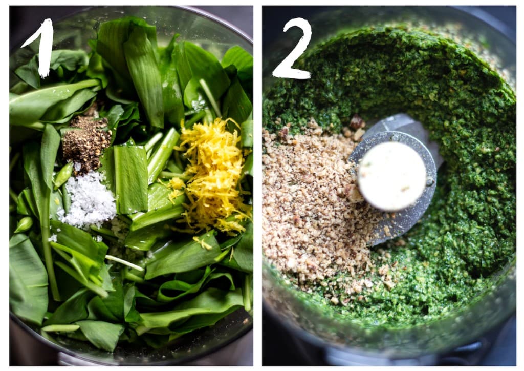 The wild garlic pesto ingredients in a food processor at different stages of being blitzed. Side by side photographs.
