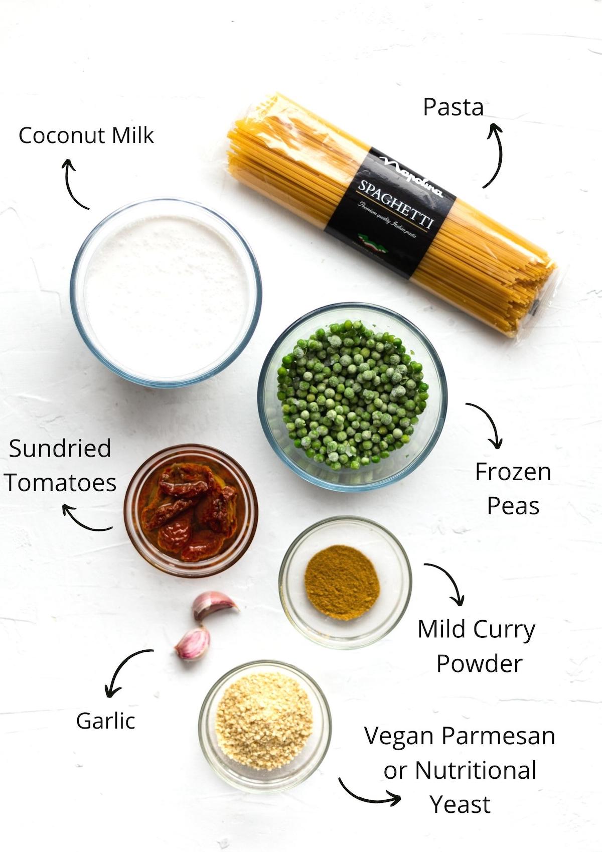 Coconut curry pasta ingredients. Photographed from above, and labelled.