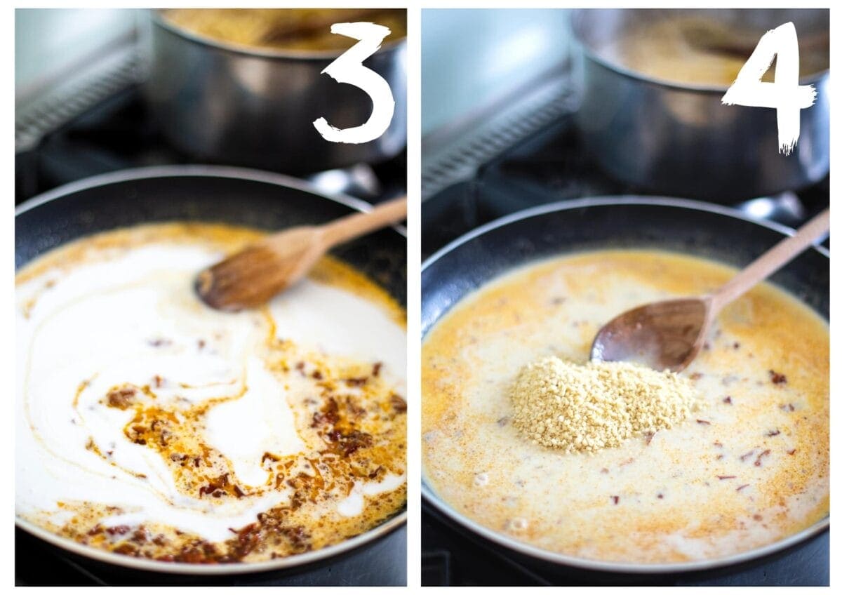 The frying pan of sun dried tomato and garlic with coconut milk and nutritional yeast added.