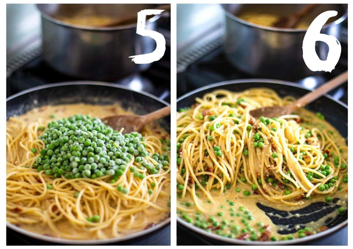The left the frying pan with the cooked pasta tossed into the coconut milk and other ingredient, then topped with frozen peas. On the right the whole pan tossed together to finish.
