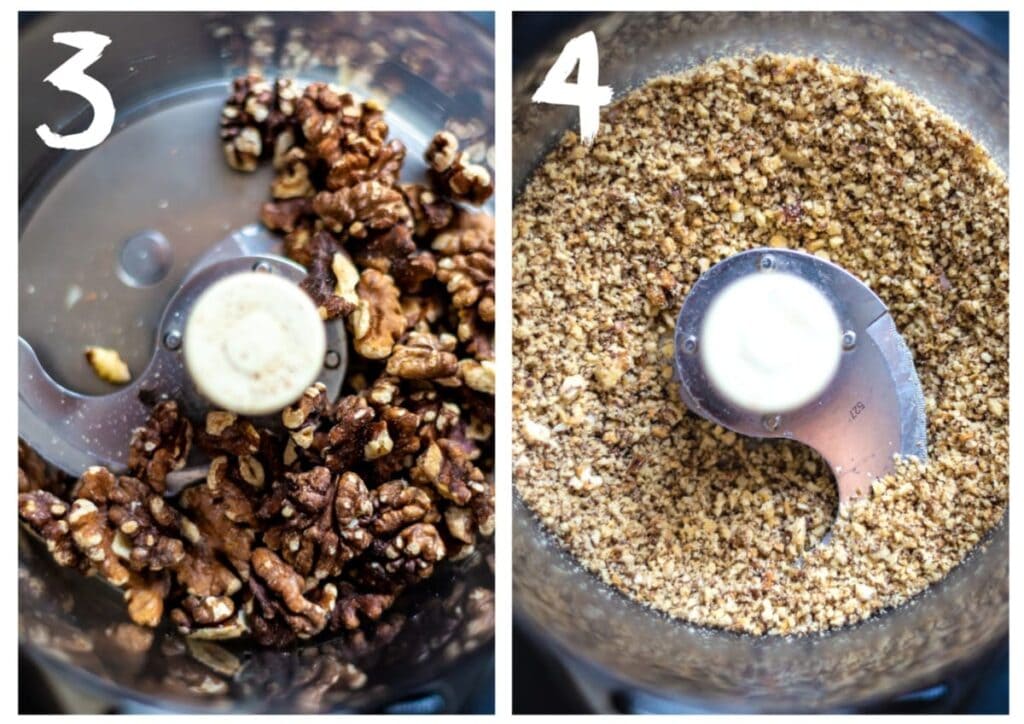 The walnuts in the food processor before and after blitzing. Side by side photographs.