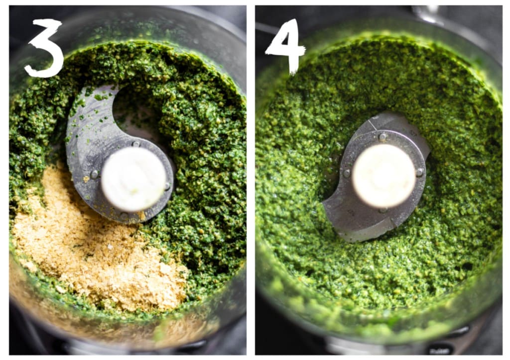 On the left, the wild garlic pesto in the food processor with the nutritional yeast on top. On the right the finished pesto.