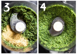 On the left, the Wild Garlic Pesto in the food processor with the nutritional yeast on top. On the right the finished Pesto.