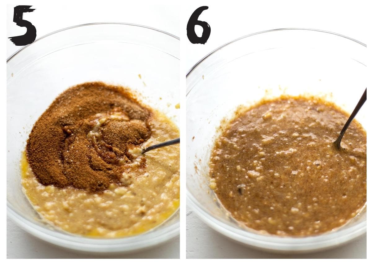 Side by side photos of adding the sugar in to the mashed banana mixture
