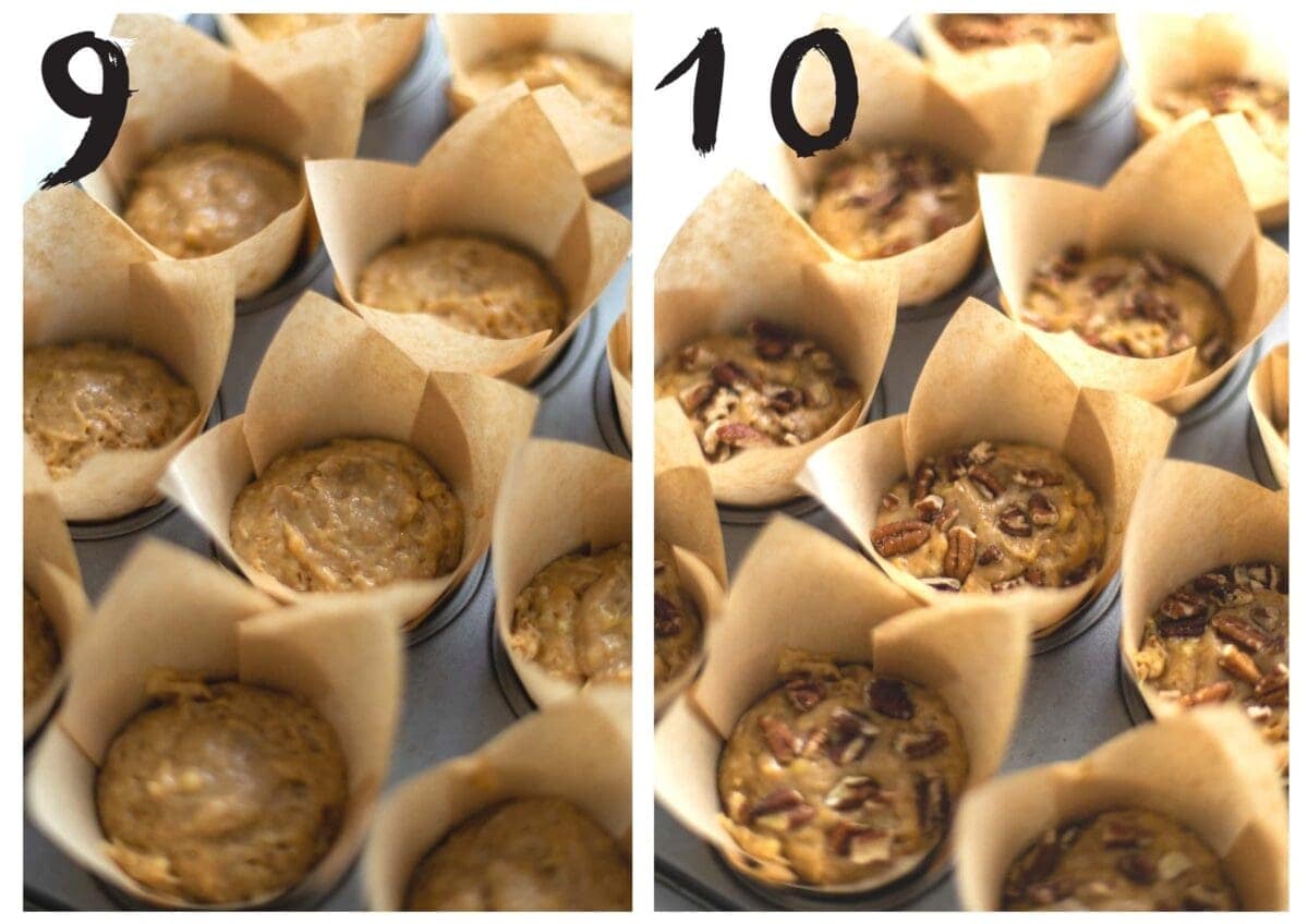 Side by side photos of the unbaked banana muffins. On the left, once the muffin cases have been filled. On the right, with pecans having been sprinkled on top.