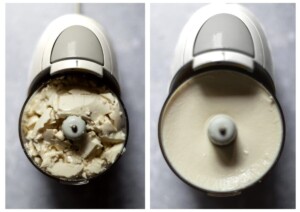 Side by side photos of the tofu before and after blending.