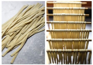 Side by side photos of the finished fettucine pasta ribbons, right hand side photo shows the pasta drying on a pasta rack.