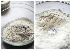 Side by side photos of the flour in a glass bowl, left side shows flour after being poured in, and right side shows a well in the centre of the flour.