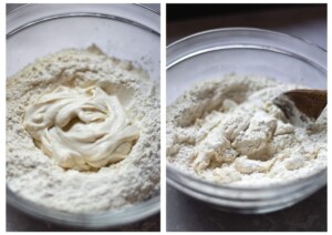 Side by side photos of the tofu being added to the flour and being folded in with a wooden spoon.