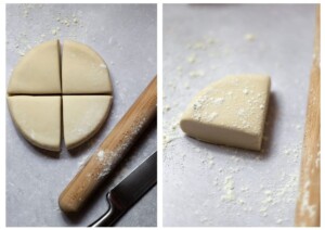 Side by side photos of the kneaded homemade pasta dough being cut in to quarters.