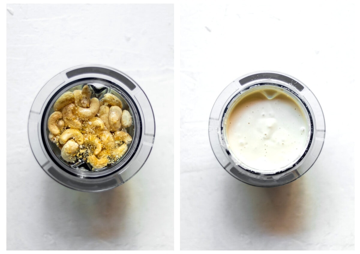 The garlic cashew cream ingredients in a small Vitamix blender bowl, before and after mixing.