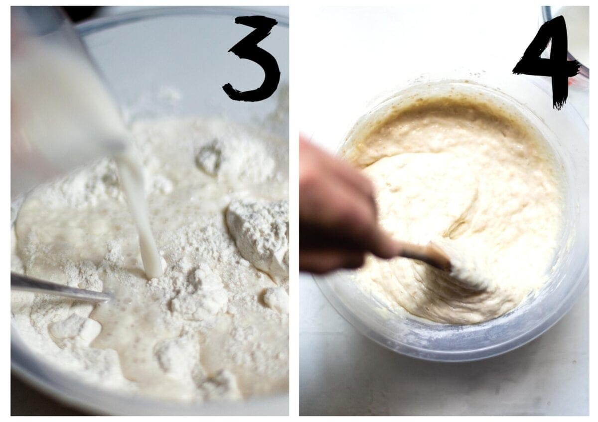 Side by side photos of adding the flour, ground flaxseed and plant milk to the bowl, and stirring it until you have a semi-thick batter