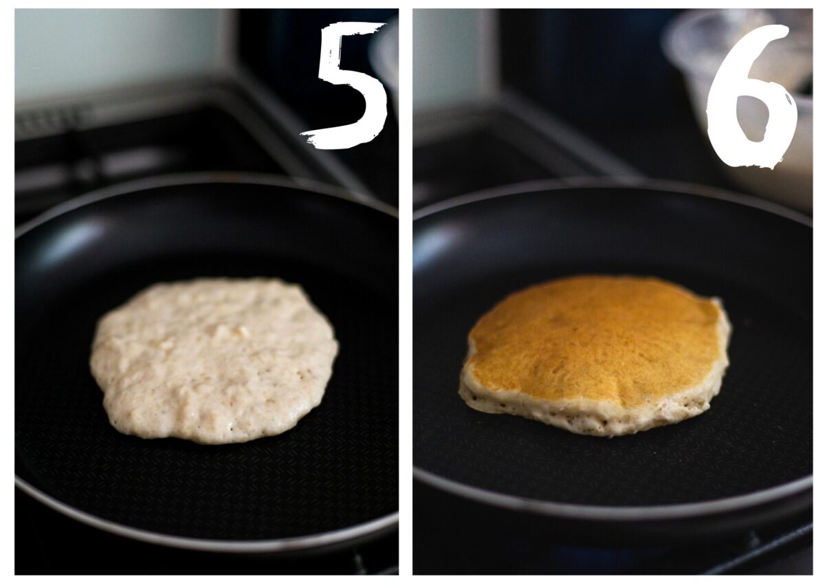 Side by side photos of adding the pancake batter to a frying pan, before and after flipping.