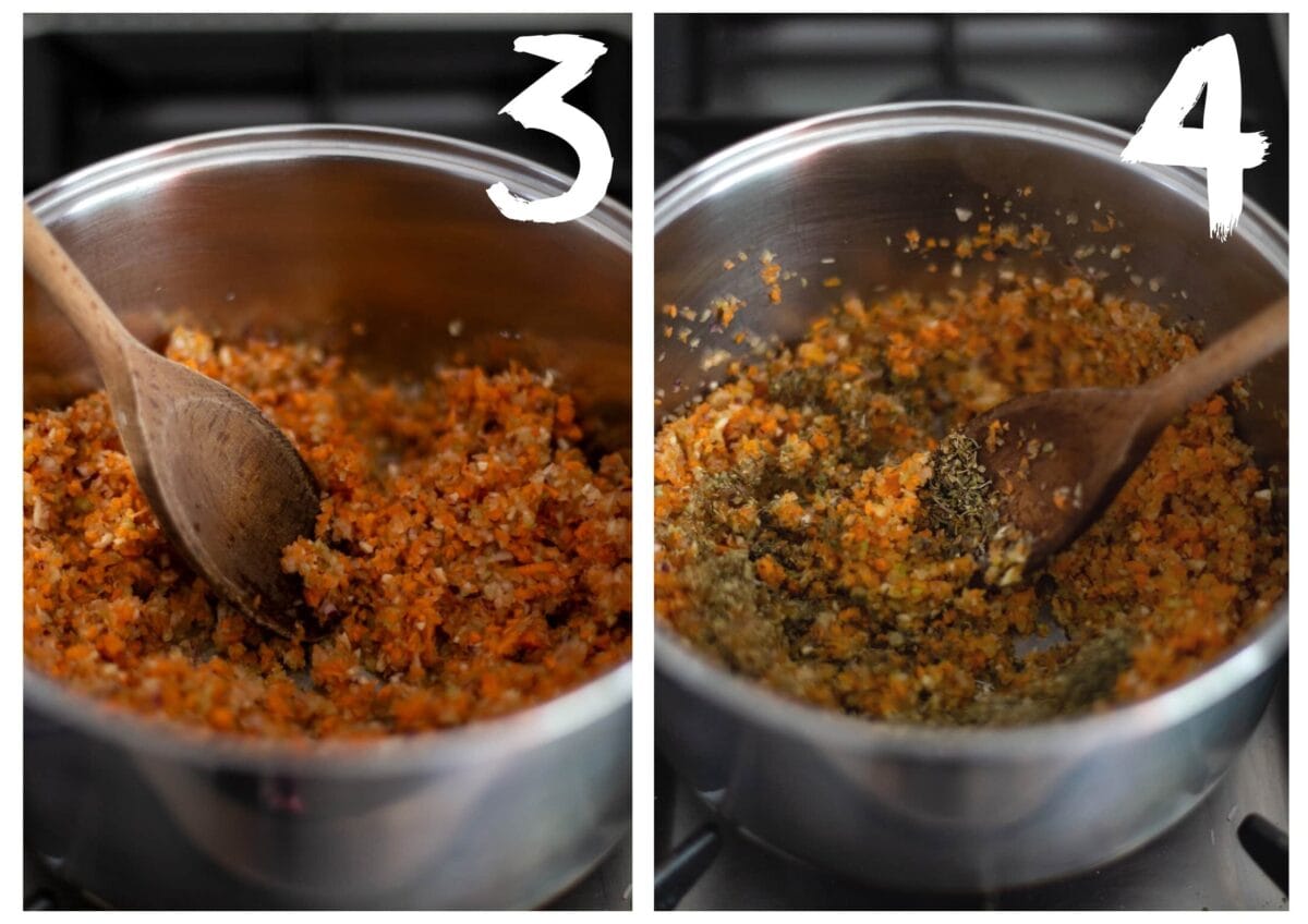 Side by side photos of the carrot, onion, celery and garlic in the pan, then with the herbs being stirred through.