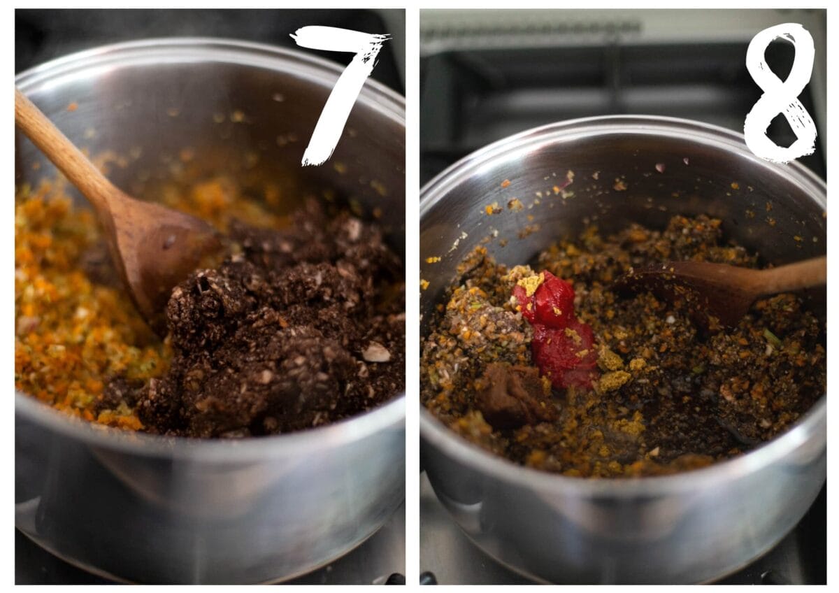 Side by side photos of stirring the blitzed mushrooms in to saucepan.