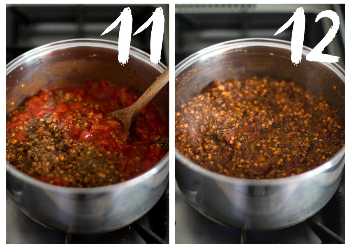 Side by side photos of the chopped tomatoes added to the bolognese.