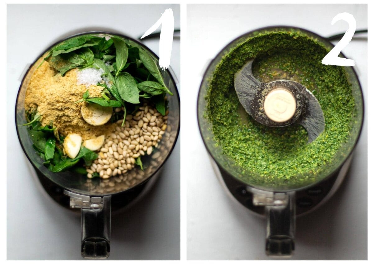 Side by side overhead photos of a food processor. On the left is the ingredients before being blitzed. On the right, the ingredients after.