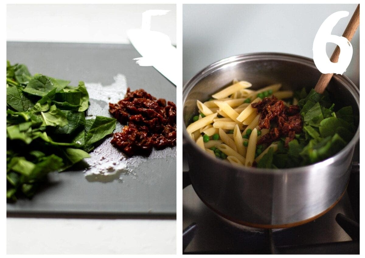 Side by side photos of the spinach and sun-dried tomatoes on a grey chopping board, and them being added to the pasta and peas in the saucepan.