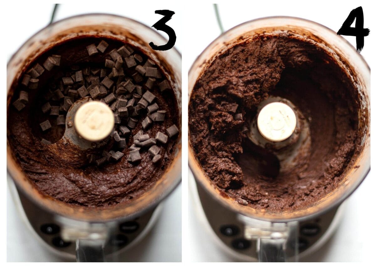 Side by side photos of the brownie batter in the food processor, on the left, with the chocolate chunks added, and on the right, after pulsing them through the batter.