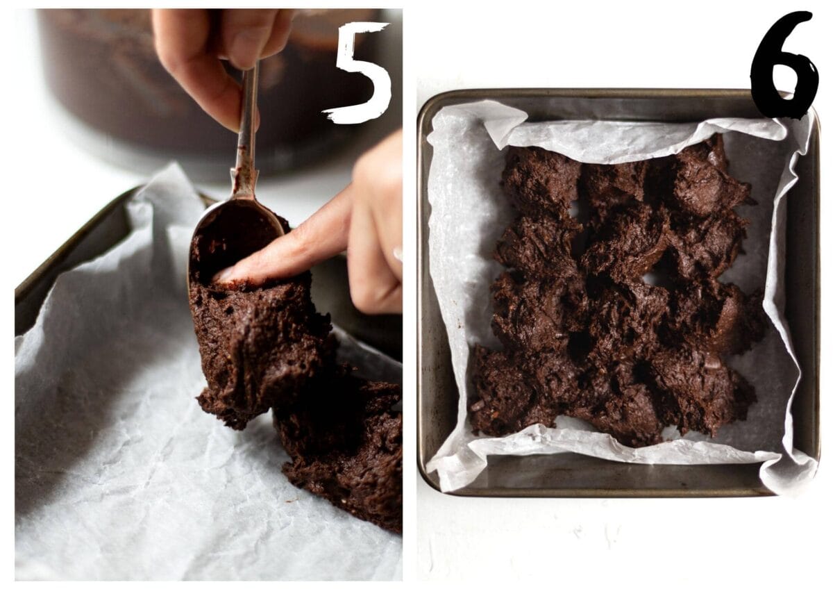 Side by side photos showing the vegan black bean brownie batter being spooned in to the baking tin, during and after.