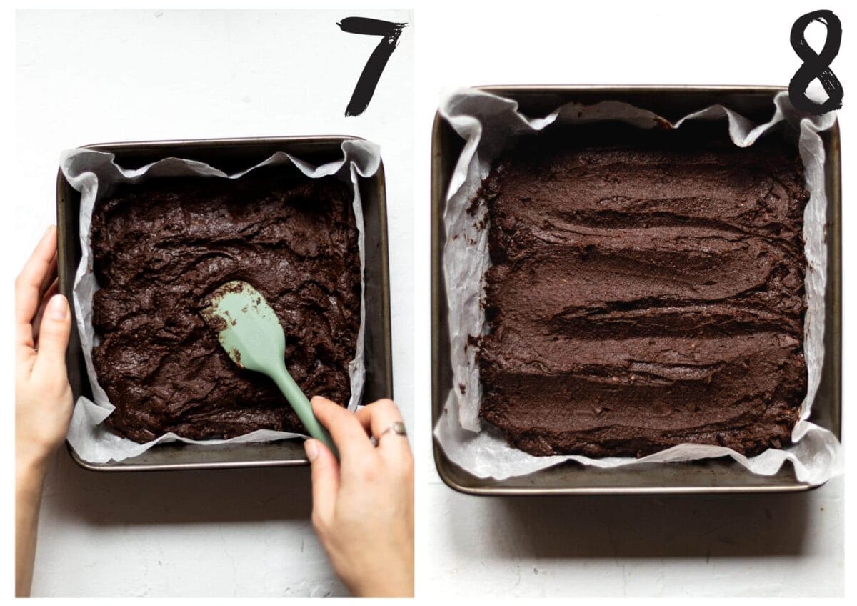Two photos of the baking tin, filled with brownie batter, on a white background. On the left, being spread out. On the right, after being evenly spread out.