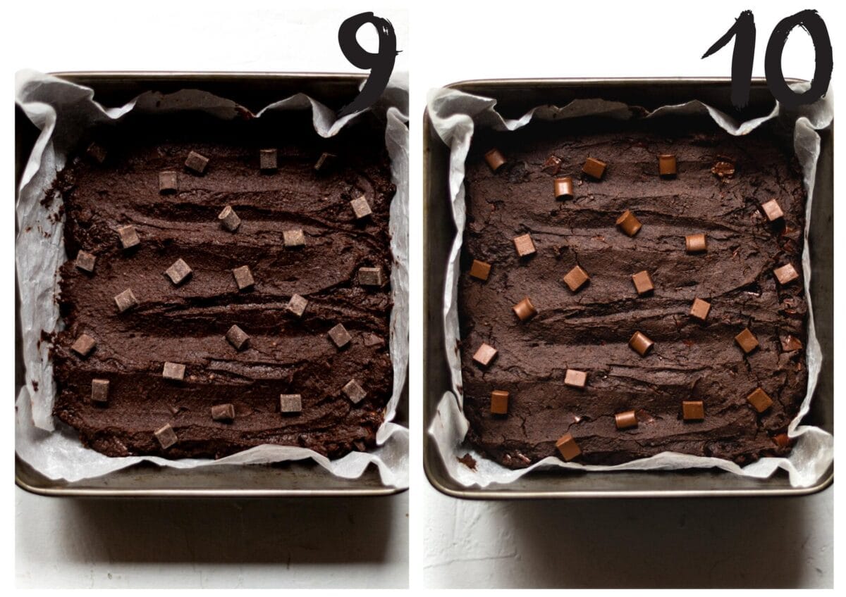 Side by side photos of the vegan blackbean brownies, before and after baking.