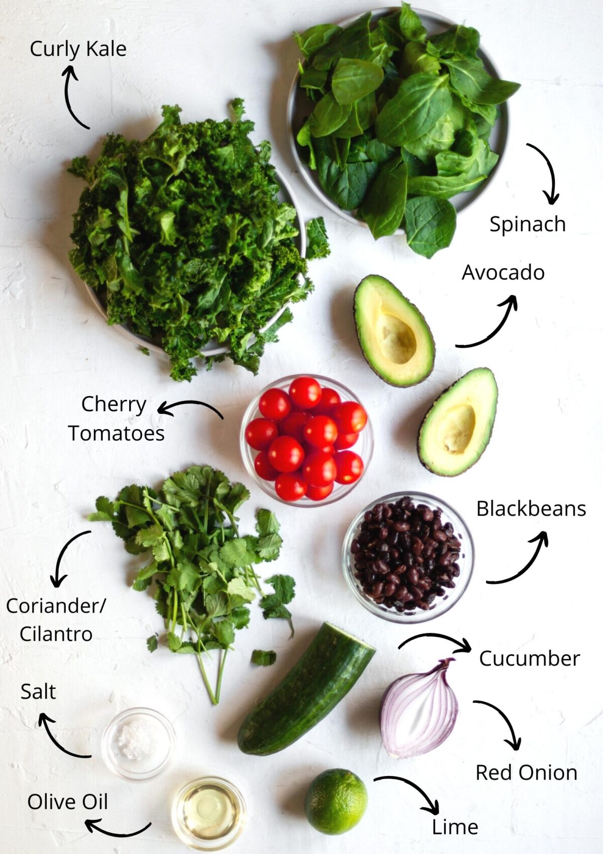 Mexican kale salad Ingredients on a white background and labelled.