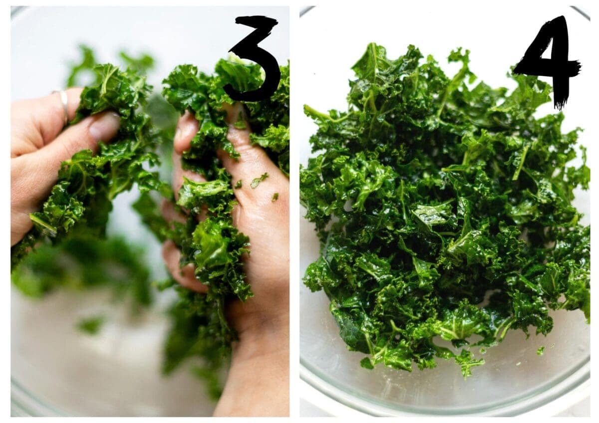 Side by side photos of the kale in a glass bowl. On the left is the kale being massaged, on the right is the kale after being rubbed.