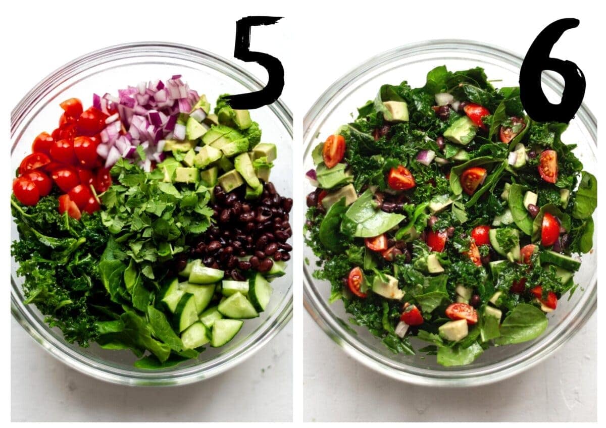 Side by side photos of the salad ingredients in the salad bowl. On the left is all the chopped up ingredients and blackbeans, and on the right is all the ingredients mixed together.