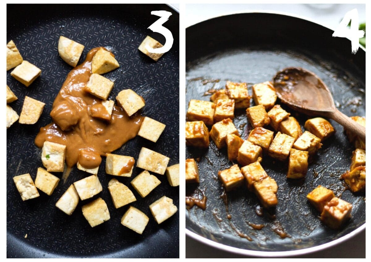 Side by side photos of the cooked tofu with peanut sauce being added, and then being stirred together until the tofu is fully coated.
