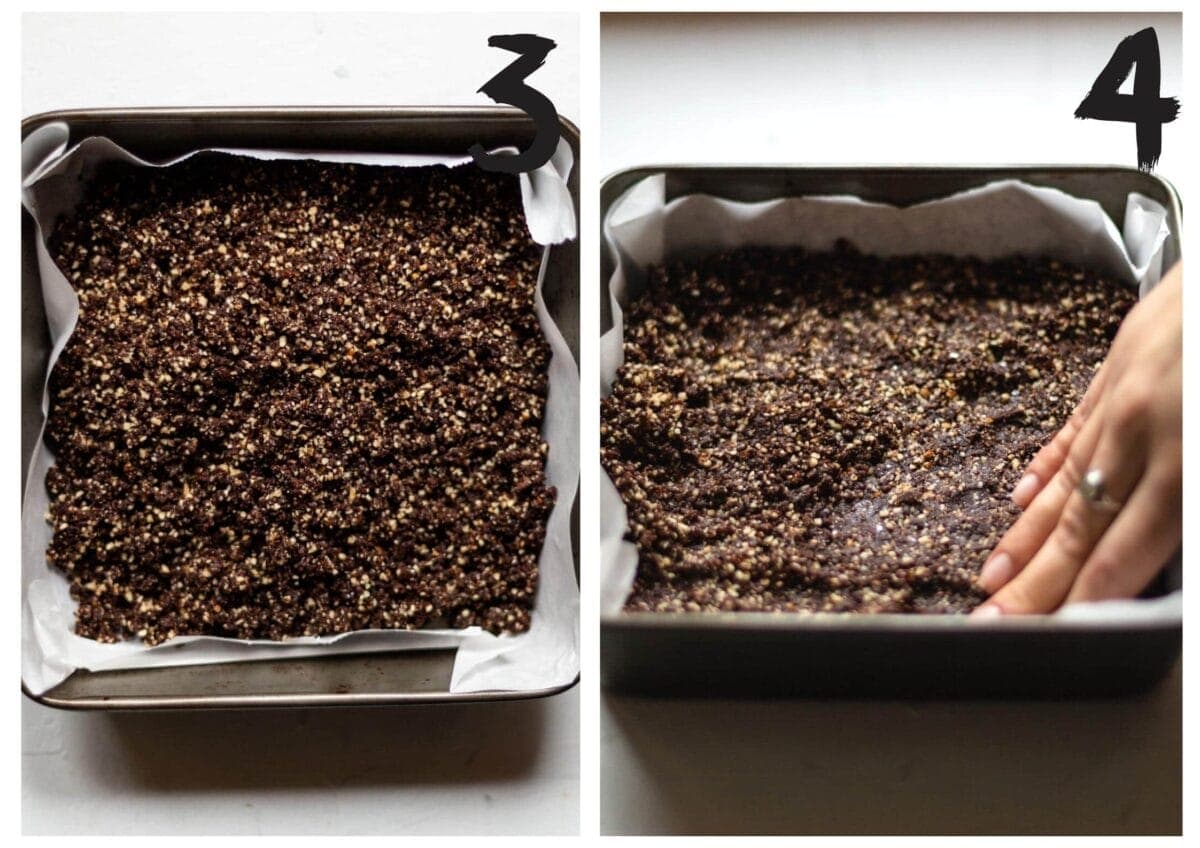Side by side photos of the caramel slice base ingredients in to a square baking tin, lined with white greaseproof paper. On the left as poured into the tin and on the right shows the base being pressed down by hand.