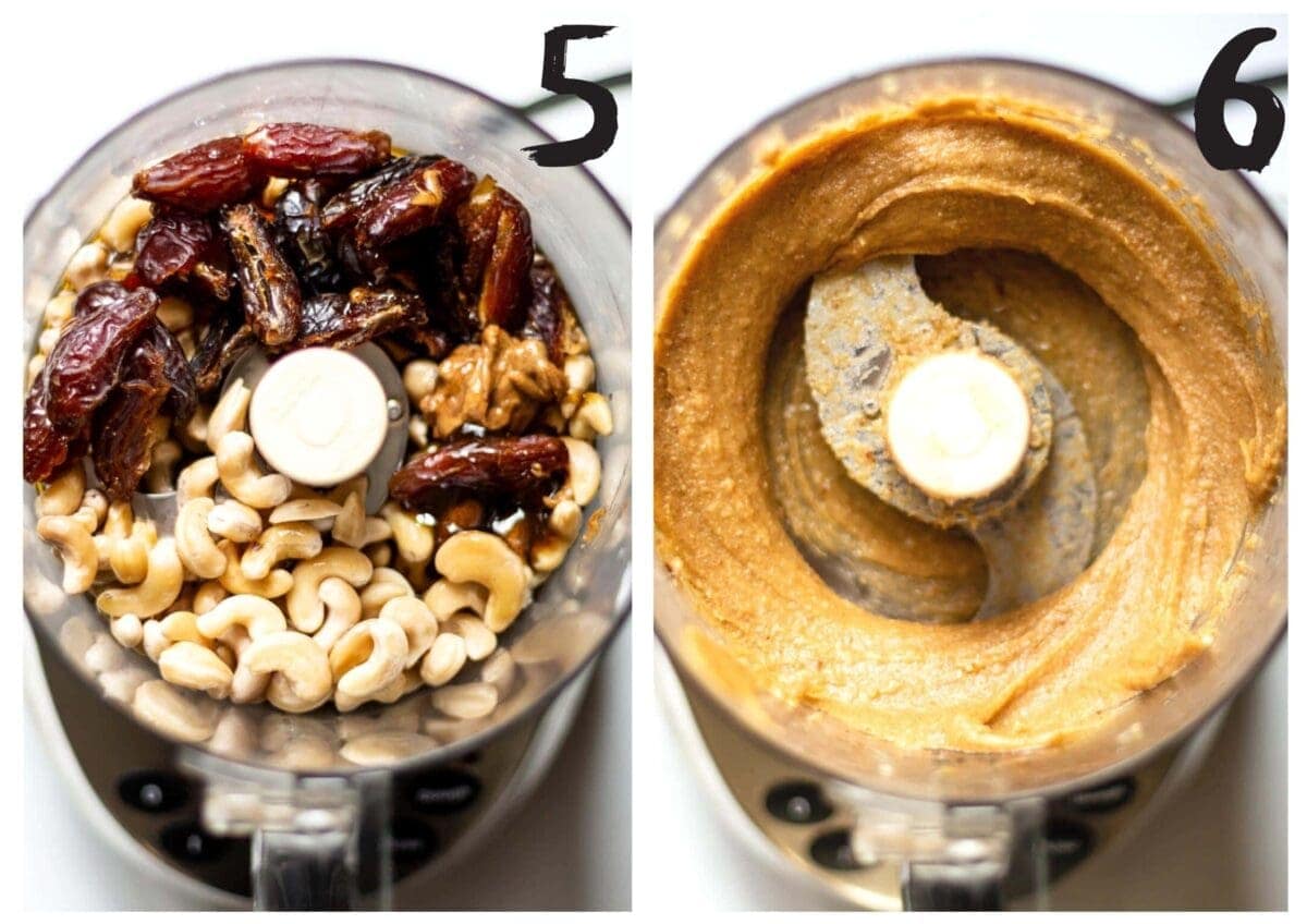 Side by side photos of the filling ingredients in the food processor, before and after blending to a smooth caramel.