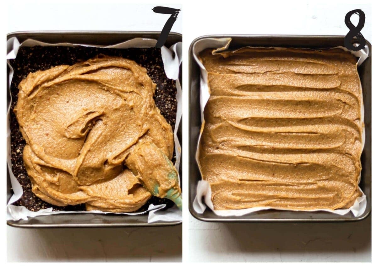 Side by side photos of the baking tin, lined with white greaseproof paper. On the left is the vegan caramel after being added onto the base, and on the right is after levelling it out with a spatula.