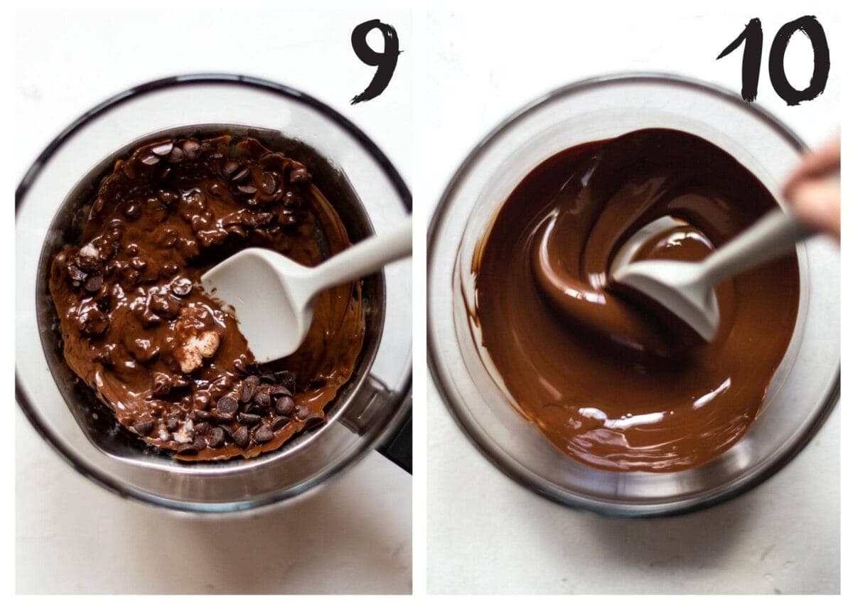 Side by side images of the chocolate chips and coconut oil in a glass bowl, before and after melting together.