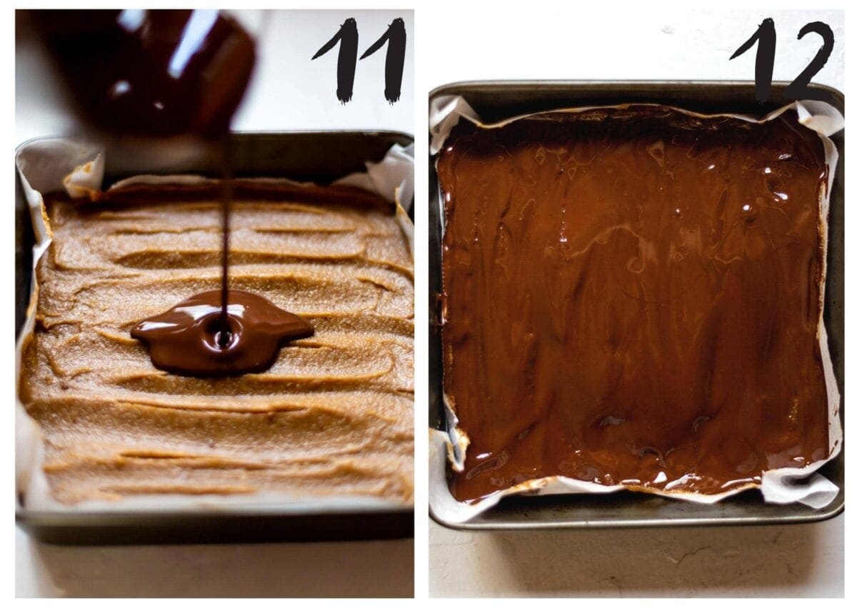 Side by side images of the melted chocolate. On the left being poured over the vegan caramel, and, on the right, once the caramel is completely covered in the chocolate.