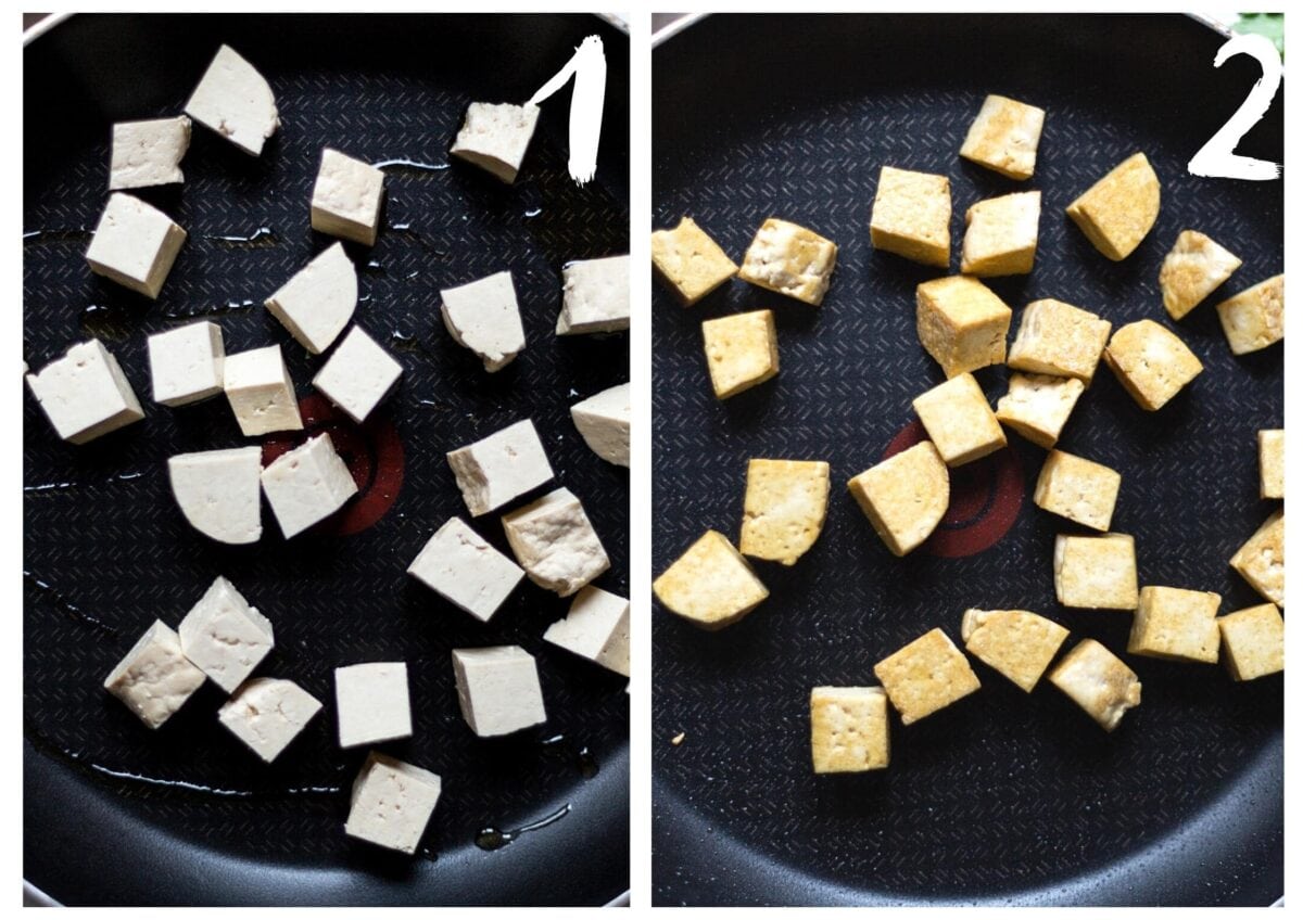 Side by side photos of the tofu, cubed, in a black skillet, before and after cooking.