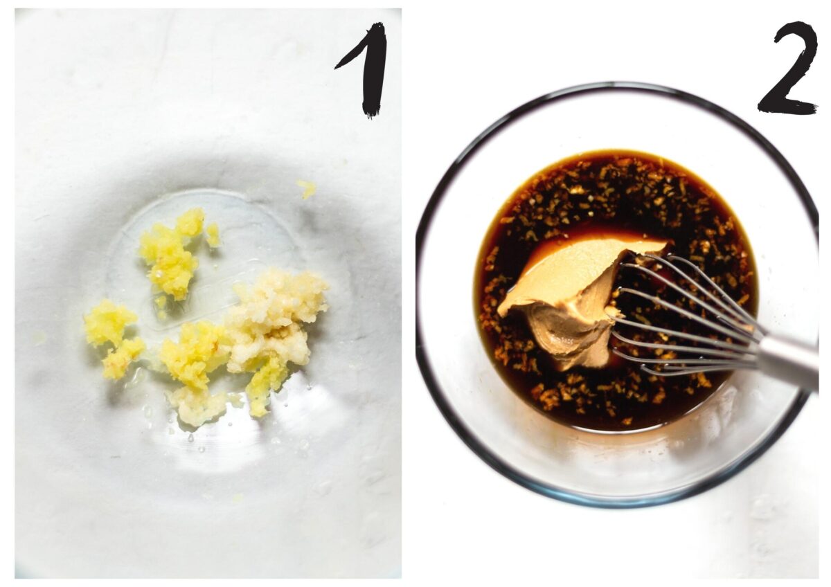 Side by side photos of steps 1 & 2 of the recipe. The left photo shows the glass bowl with fresh, minced, garlic and ginger. The right photo shows the same glass bowl with the soy sauce, maple syrup, apple cider vinegar and peanut butter added.